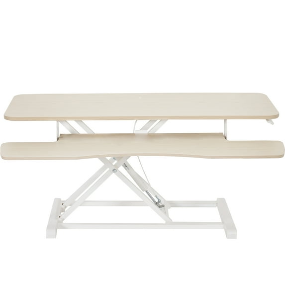 VIVO Adjustable 42" Standing Desk Monitor Riser, Light Wood Top, White Frame