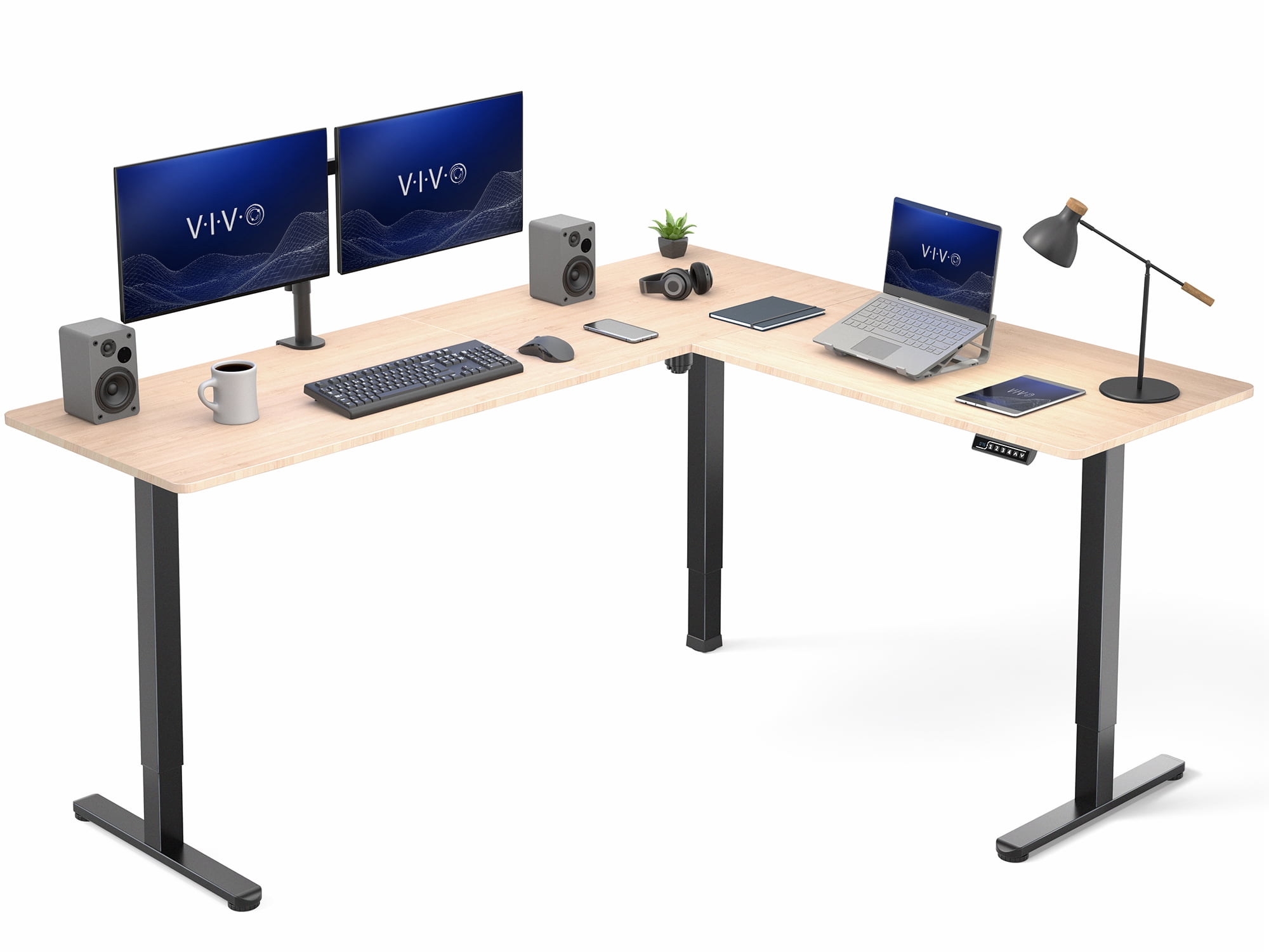 VIVO Bamboo / Black Electric 75" x 63" Corner Desk Workstation