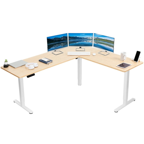 VIVO Bamboo / White Electric 75" x 63" Corner Desk Workstation