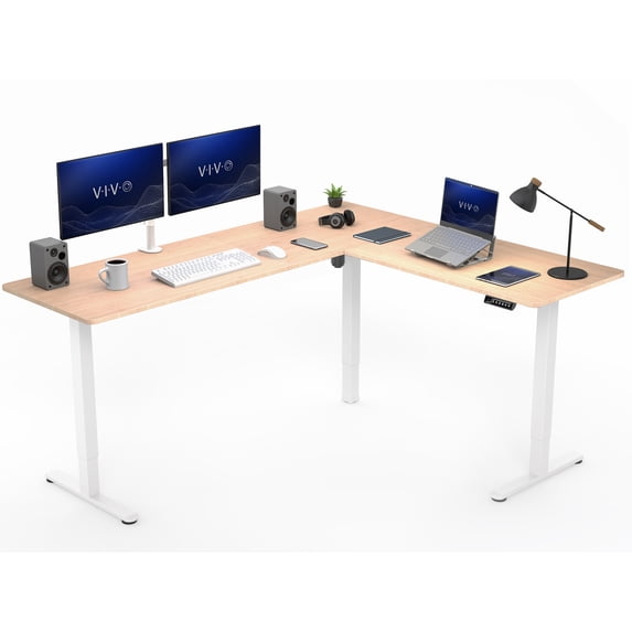 VIVO Bamboo / White Electric 75" x 63" Corner Desk Workstation