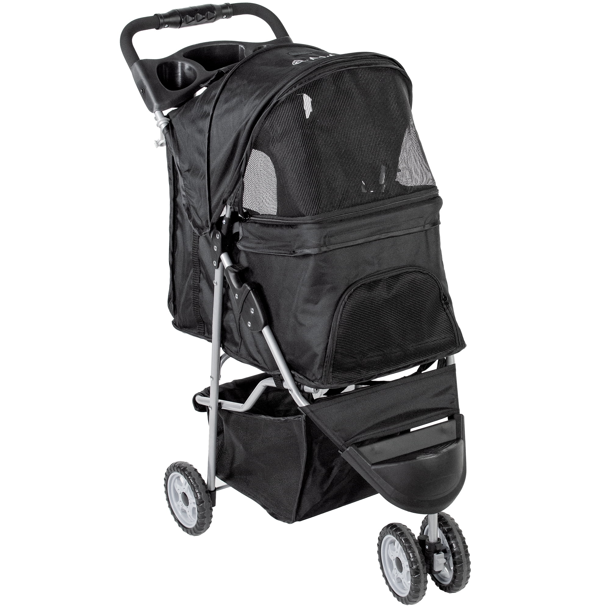 Black Foldable 3-Wheel Pet Stroller with Mesh Windows