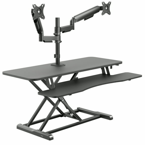 VIVO Black 42" Standing Desk Riser with Dual Monitor Arm for up to 32" Screens