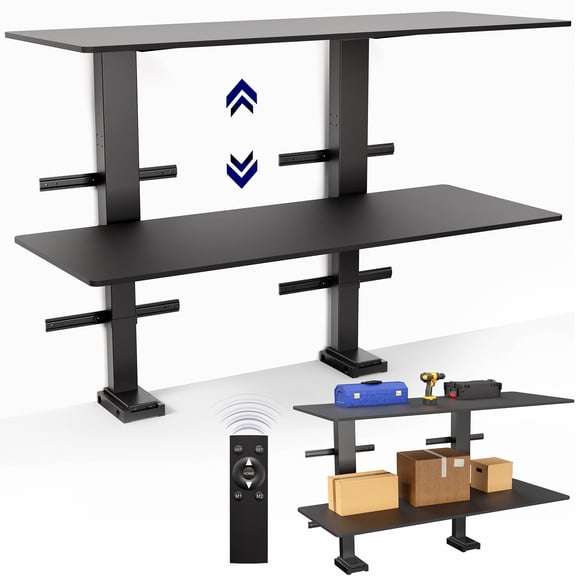 VIVO Black 60” x 24" Dual Shelf Garage Workbench Motorized Lift Wall Mount
