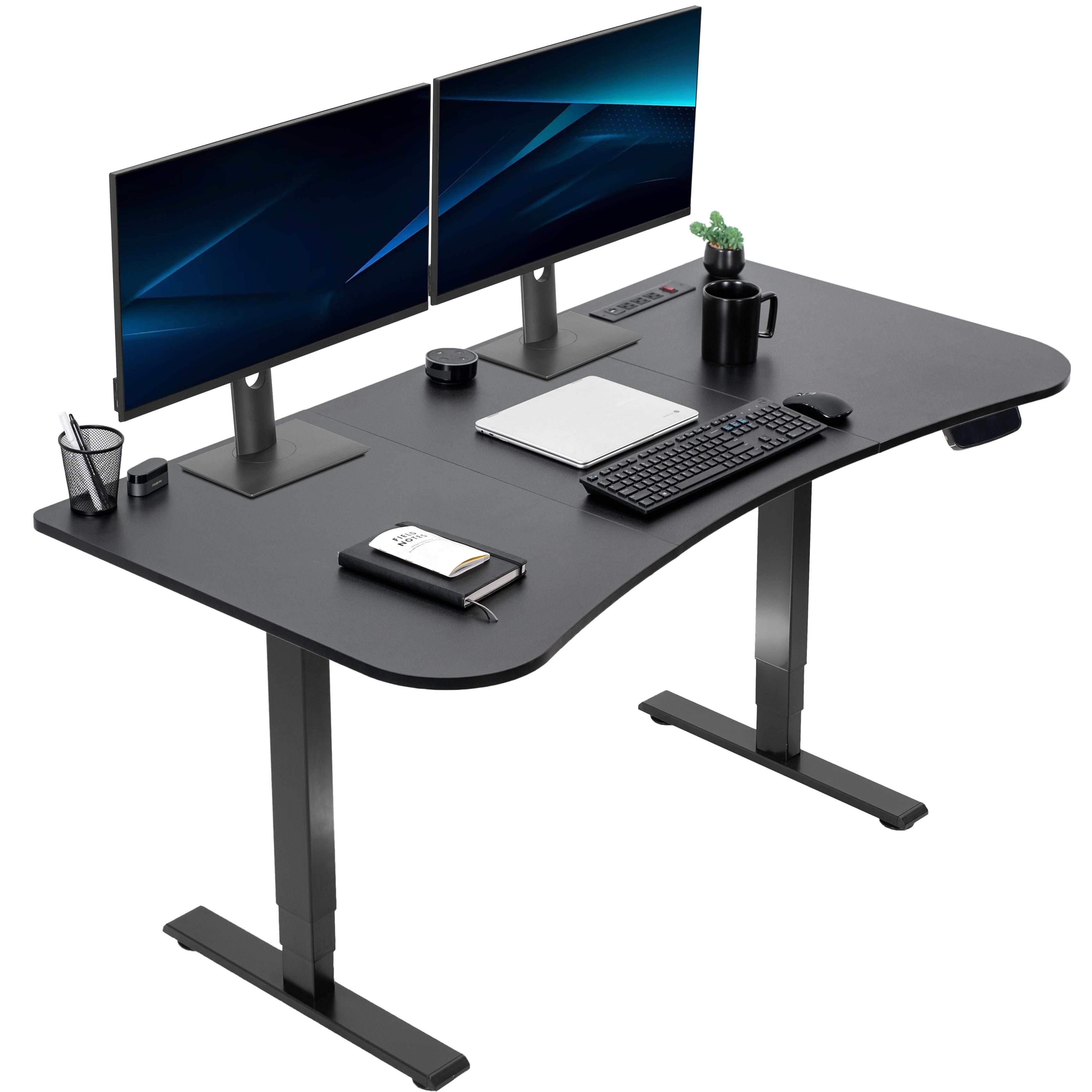 Light Wood and Black Adjustable Height Standing Desk with Power Outlet