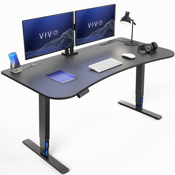 VIVO Electric 63" x 32" Desk with Built-in Power Strip, Black Top, Black Frame