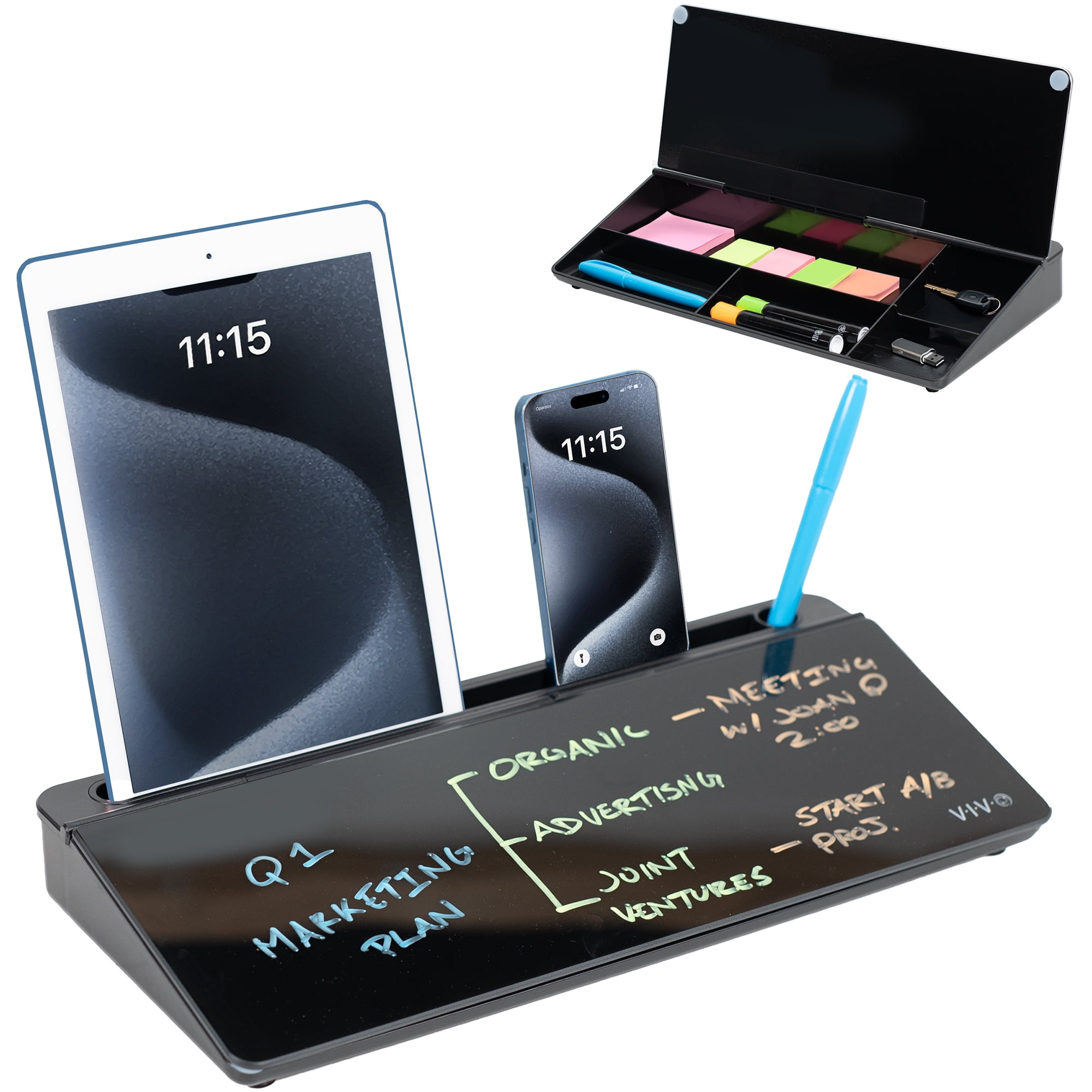 VIVO Black Desktop Dry Erase Board w/ Hidden Storage, 16" x 7" Glass Whiteboard