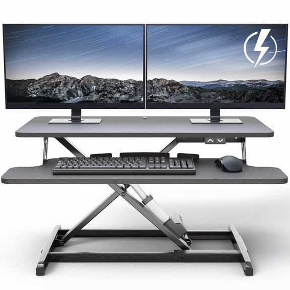 VIVO Black Electric 32" Standing Desk Monitor Riser, Dual Arm Sit Stand Tabletop