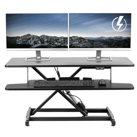 VIVO Black Electric 36" Standing Desk Monitor Riser, Dual Arm Sit Stand Tabletop