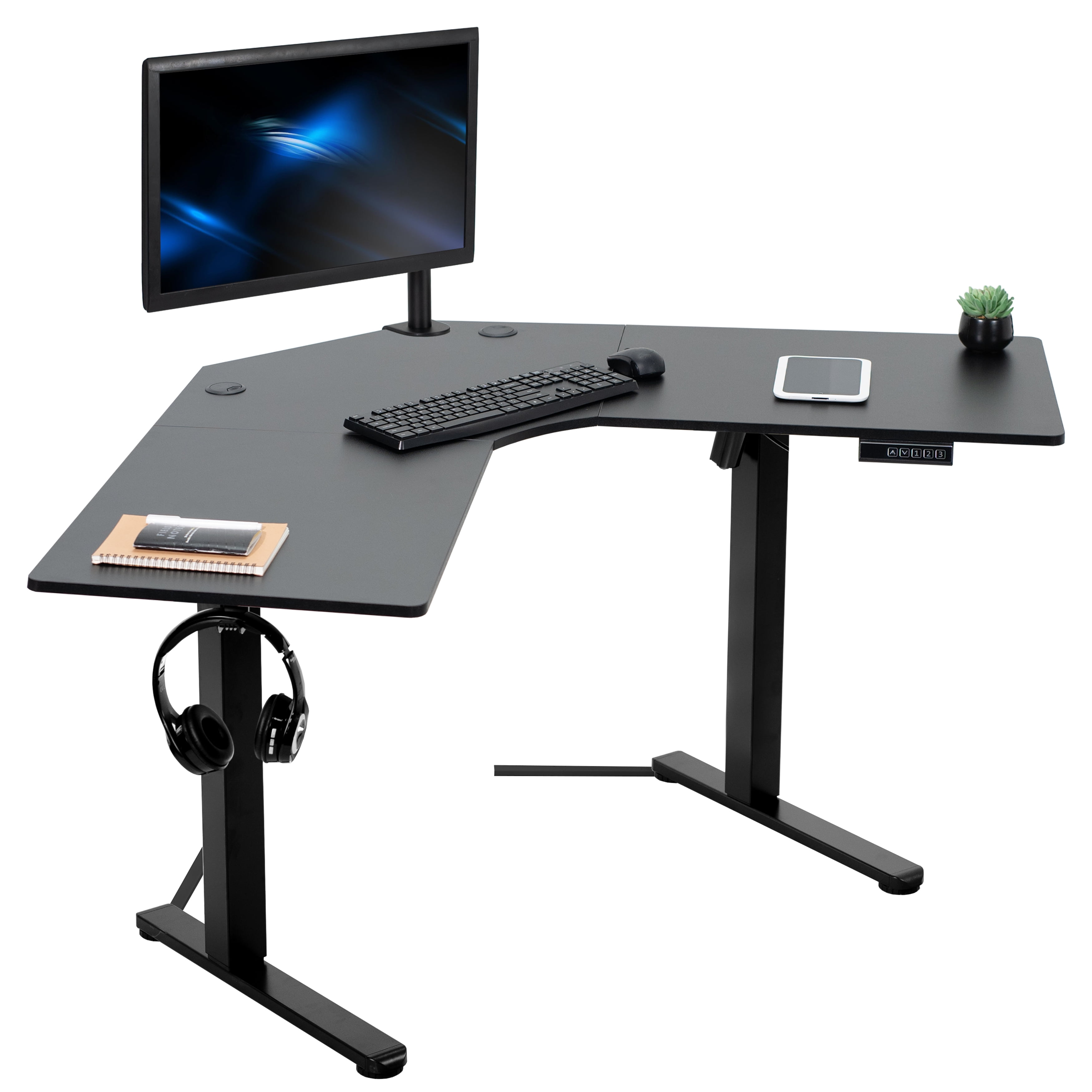 Black Adjustable Height L-Shaped Electric Standing Desk with Particle Board Top