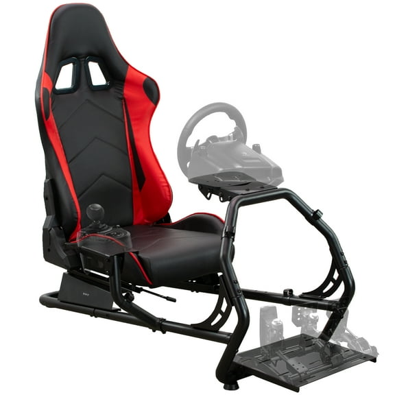 VIVO Black + Red Racing Simulator Cockpit with Wheel Stand and Reclining Seat