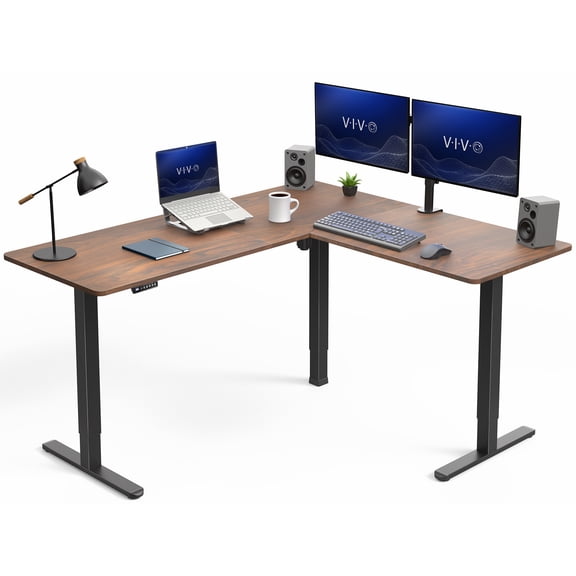 VIVO Dark Walnut / Black Electric 63" x 55" Corner Desk, L-Shaped Workstation