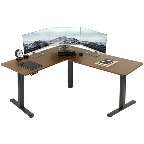 VIVO Dark Walnut / Black Electric 63" x 55" Corner Desk, L-Shaped Workstation