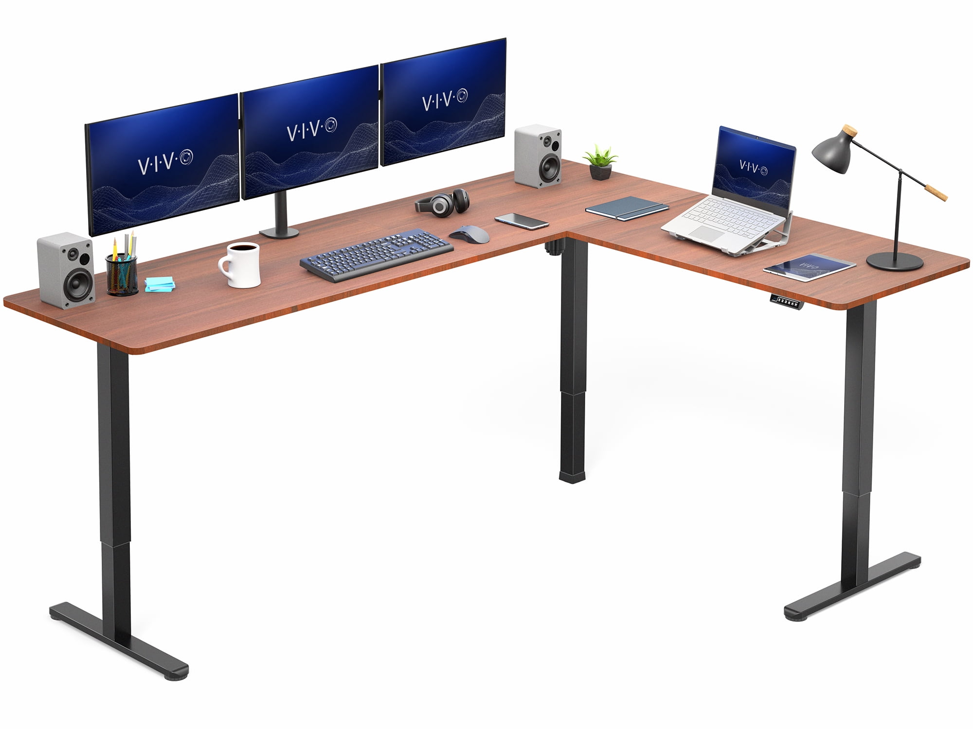VIVO Dark Walnut / Black Electric 84" x 63" Corner Desk, L-Shaped Workstation