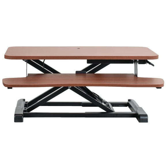 VIVO Dark Walnut Height Adjustable 28" Standing Desk Monitor Riser, Black Frame