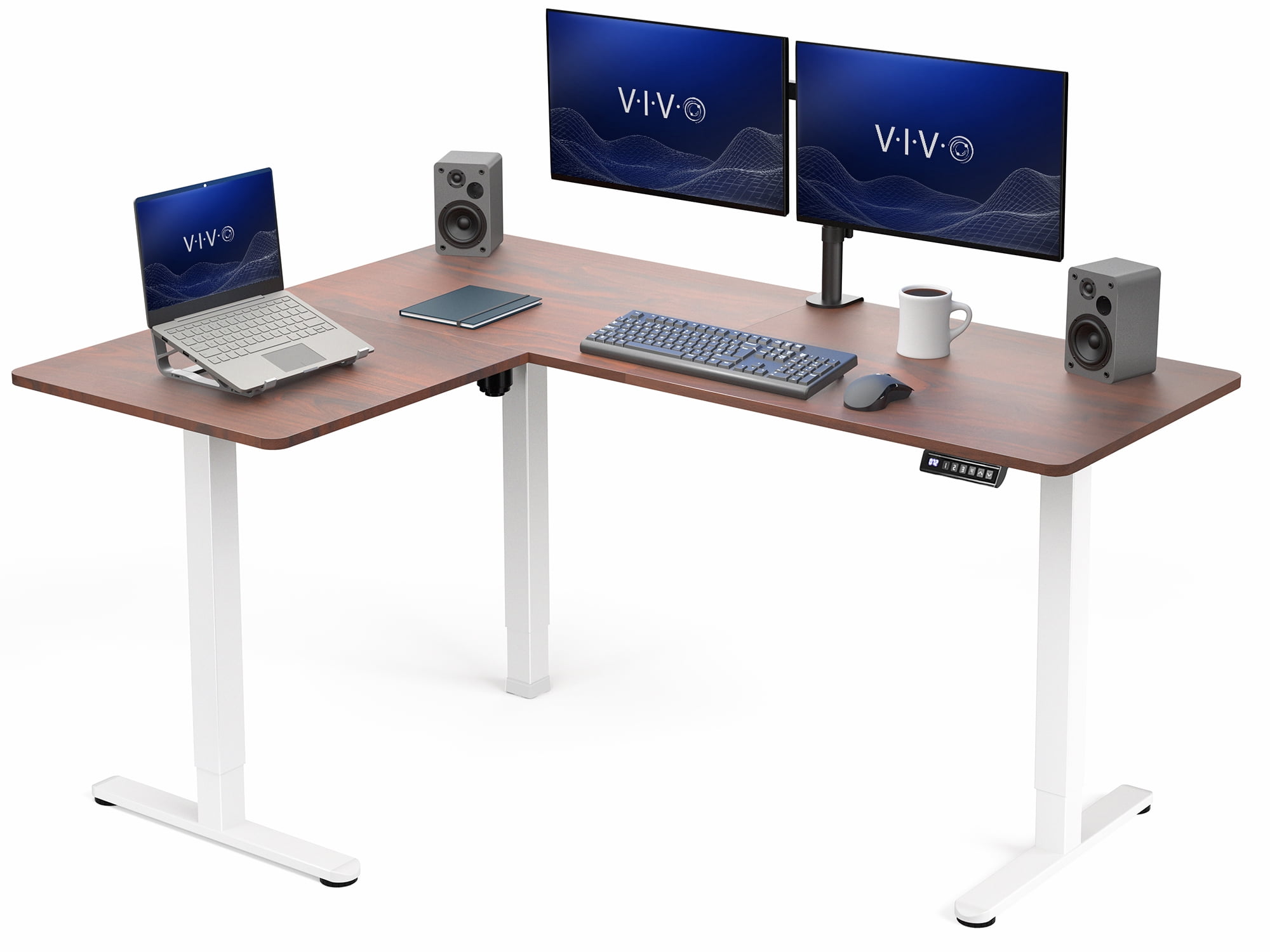 VIVO Dark Walnut / White Electric 63" x 47" Corner Standing Desk
