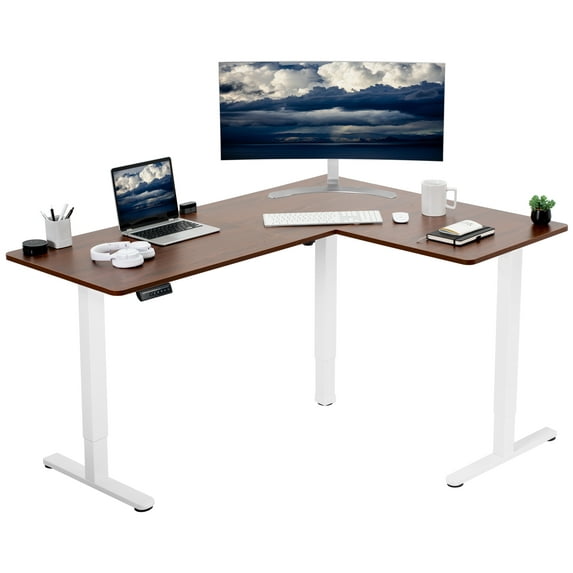 VIVO Dark Walnut / White Electric 63" x 47" Corner Standing Desk