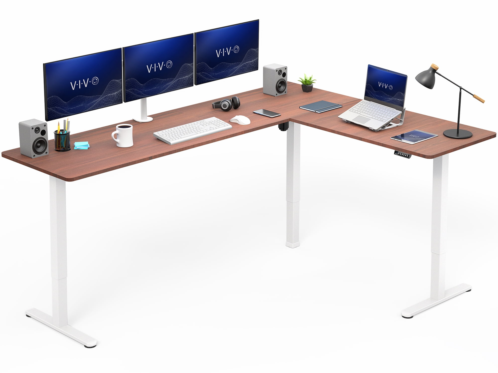 VIVO Dark Walnut / White Electric 84" x 63" Corner Desk, L-Shaped Workstation