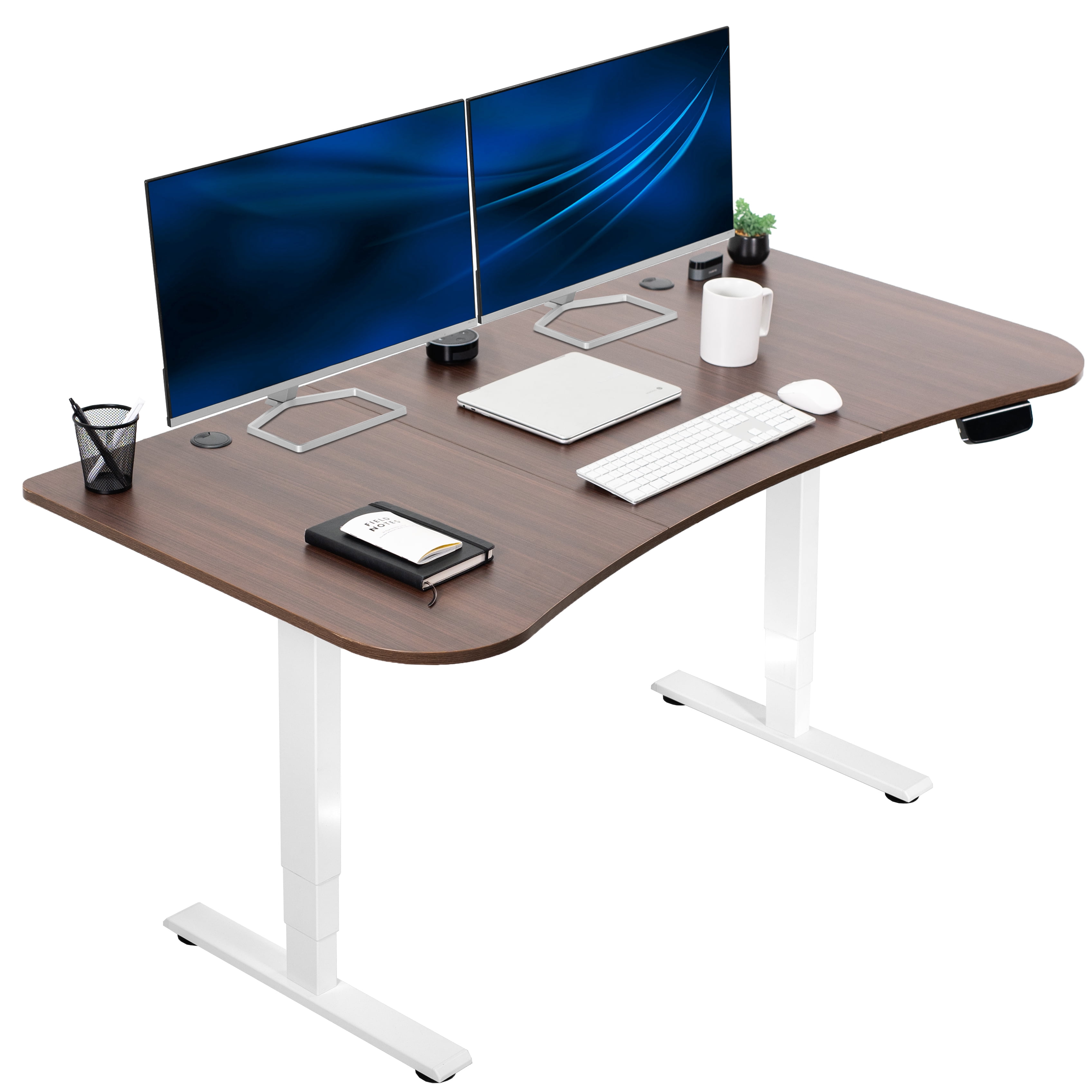 Dark Walnut and White Adjustable Standing Desk with Power Outlet
