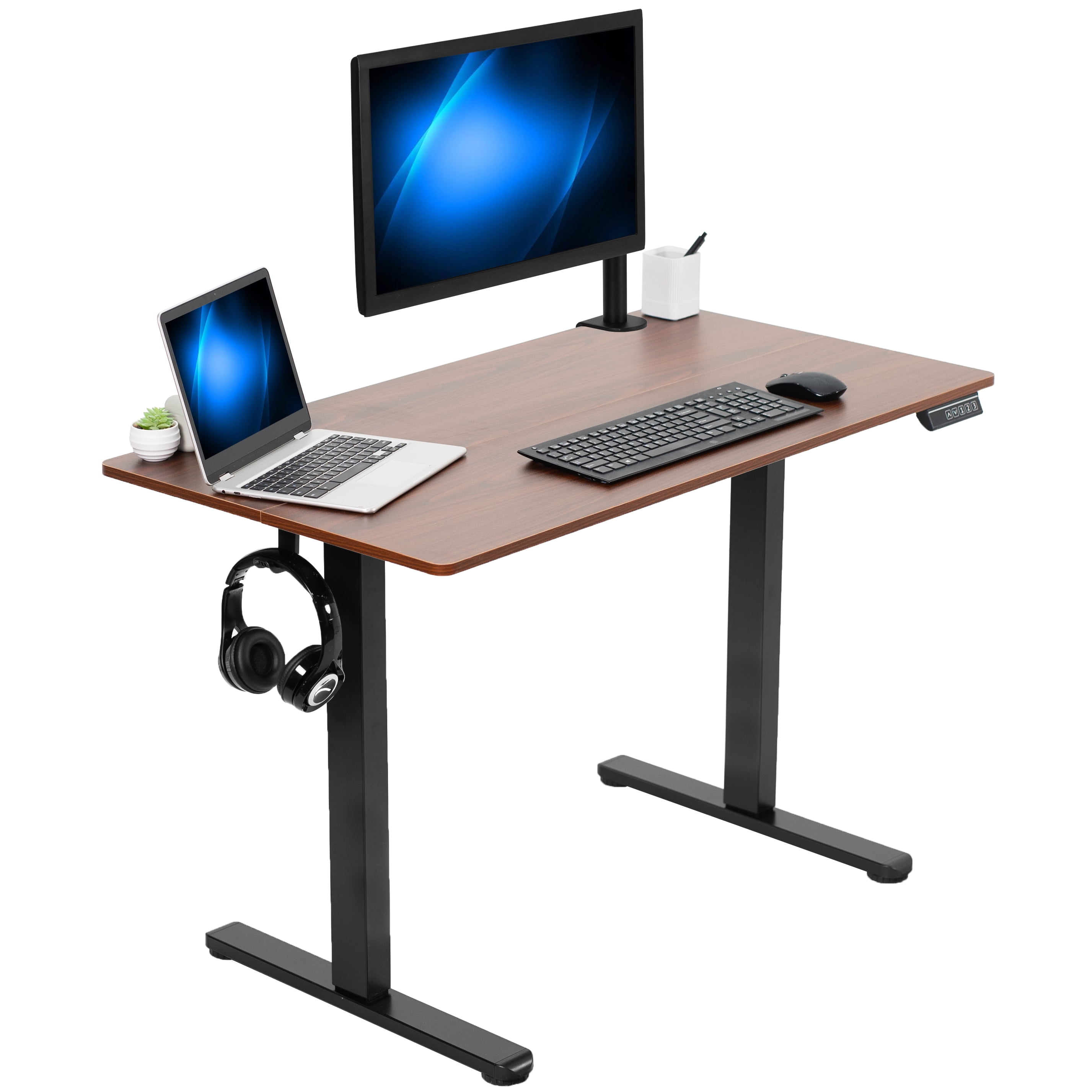 Electric Adjustable Height Black Frame Standing Desk, Dark Walnut Top