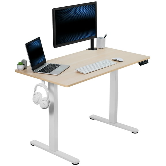 VIVO Electric 44" x 24" Sit Stand Desk Workstation, Light Wood Top, White Frame