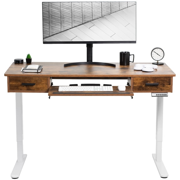 VIVO Electric 55” x 24” Desk with Rear-set Legs, Vintage Brown Top, White Frame