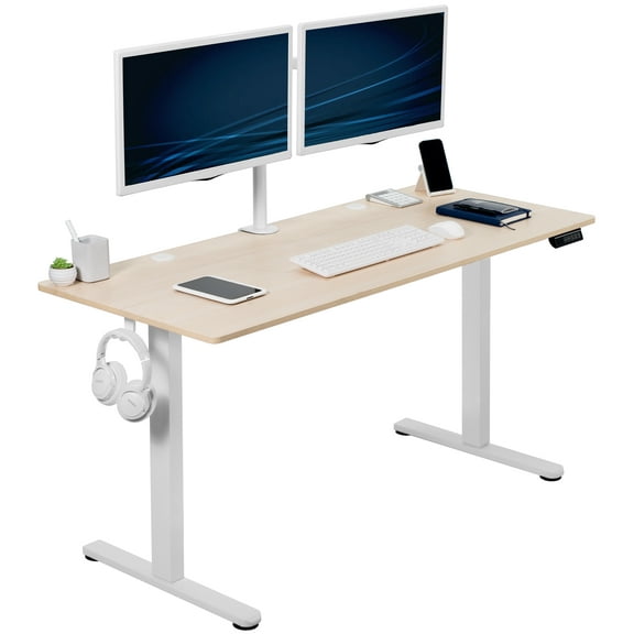 VIVO Electric 55" x 24" Sit Stand Desk, Light Wood Table Top, White Frame