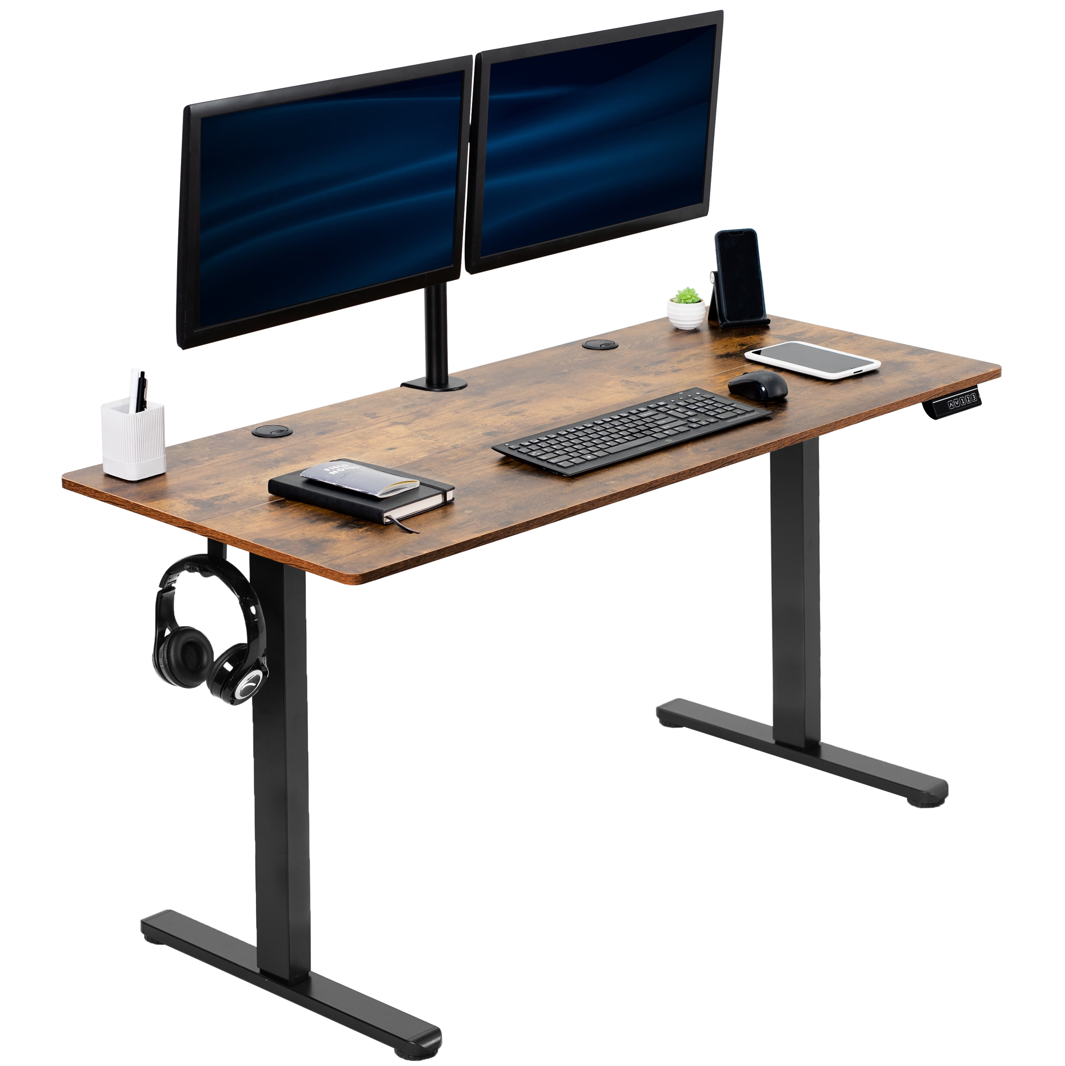 Vivo 55" Adjustable Height Standing Desk, Vintage Brown Wood Composite Top, Black Frame