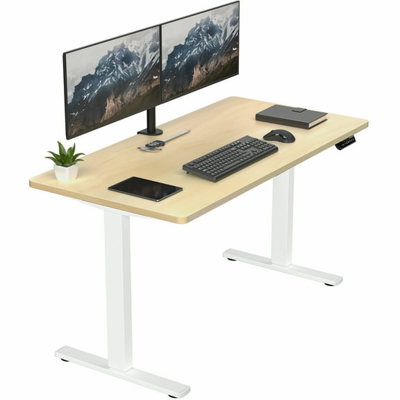 VIVO Electric 55” x 28” Stand Up Desk, Light Wood Table Top, White Frame