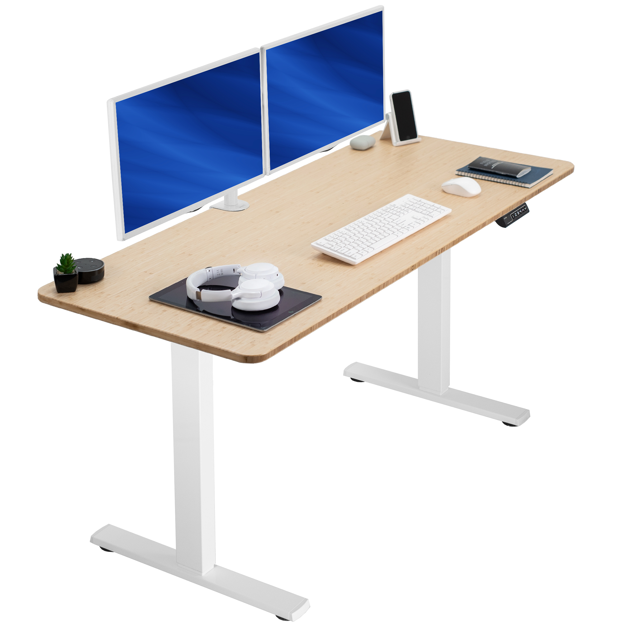 VIVO Electric 60” x 24” Stand Up Desk | Bamboo Table Top, White Frame