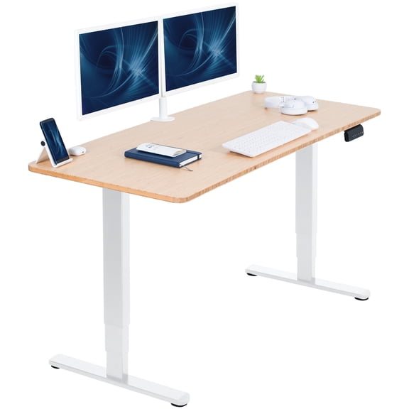 VIVO Electric 60" x 24" Stand Up Desk, Bamboo Table Top, White Frame