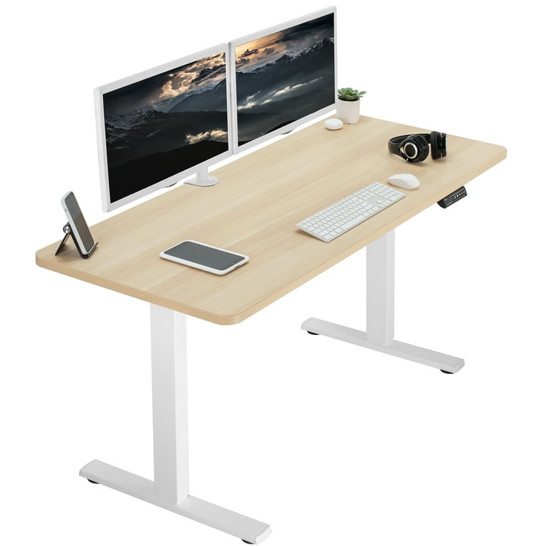 VIVO Electric 60” x 24” Standing Desk Light Wood Top White Frame w