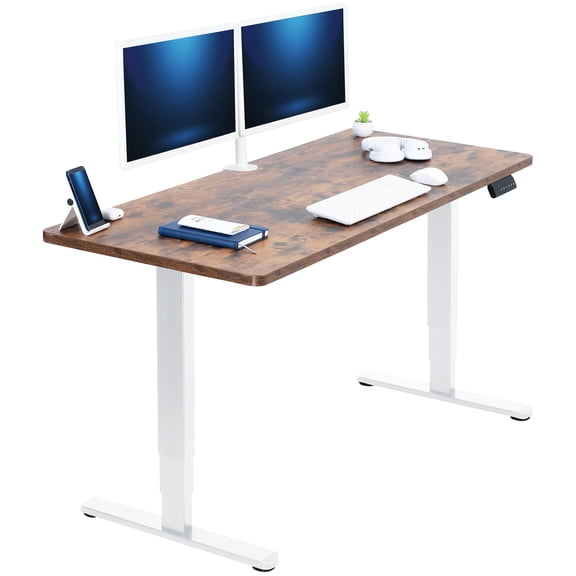 VIVO Electric 60" x 24" Stand Up Desk, Vintage Brown Table Top, White Frame