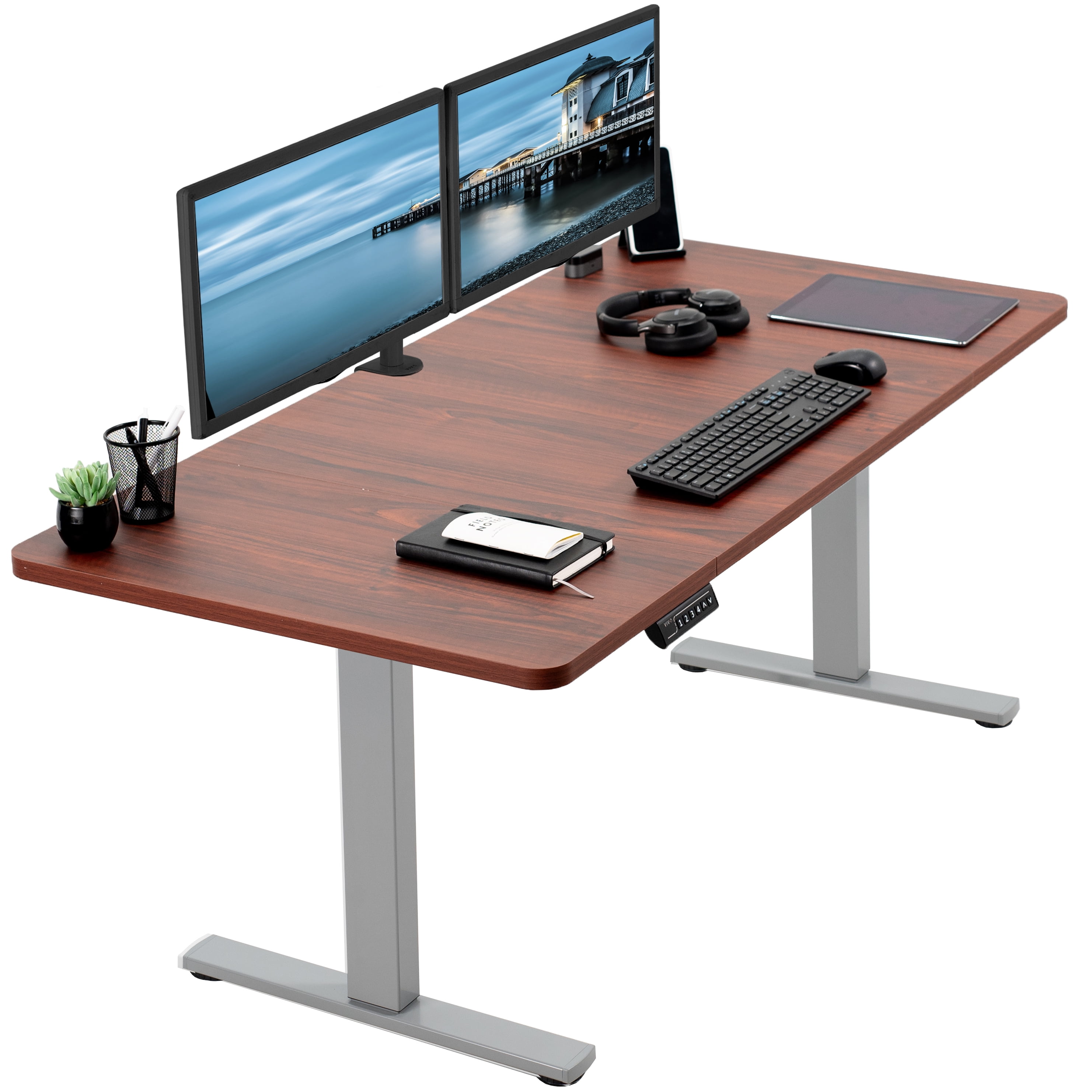 VIVO Electric 60” x 30” Stand Up Desk Workstation, Dark Walnut Top