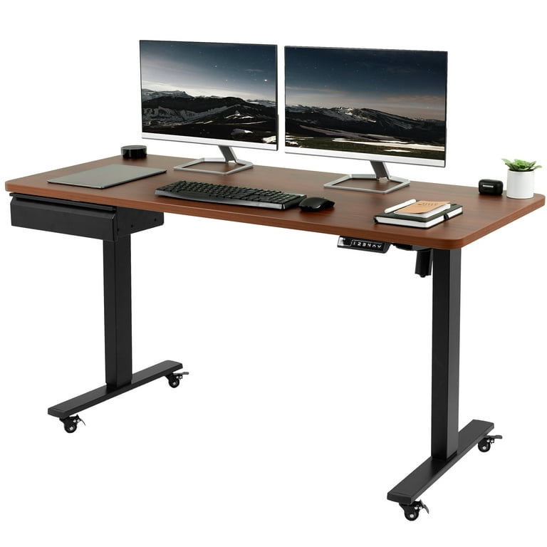 vivo Electric 60x24 Desk w/ Drawer & Casters, Dark Walnut Table Top, Black Frame