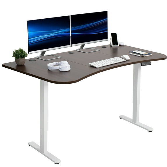 VIVO Electric 63” x 32” Stand Up Desk, Dark Walnut Table Top, White Frame