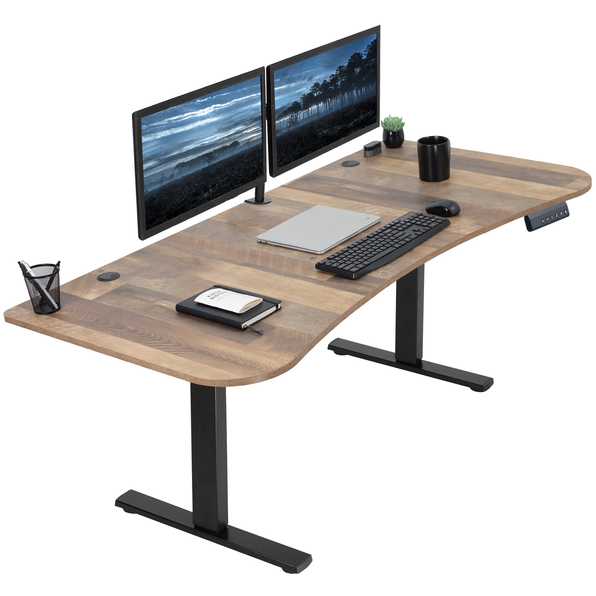 Rustic Vintage Brown & Black Electric Adjustable Standing Desk with Keyboard Tray