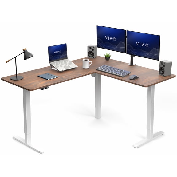 VIVO Electric 63" x 55" Corner Stand Up Desk, Dark Walnut Table Top, White Frame