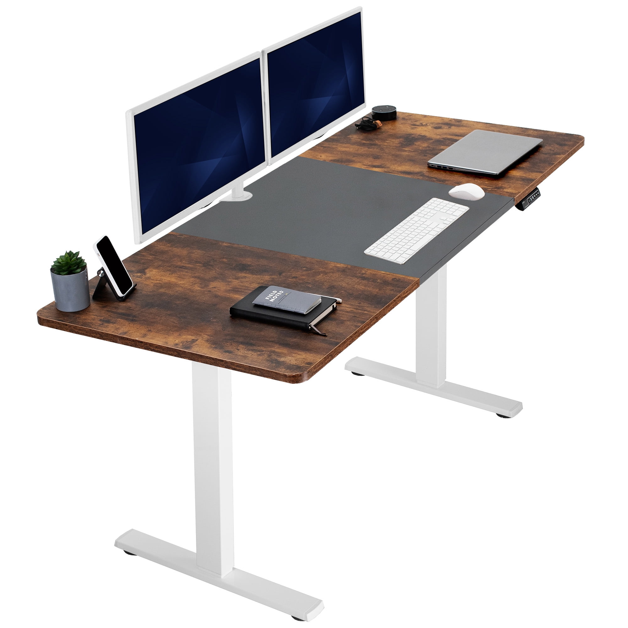 VIVO Electric 71” x 30” Desk, Black/Rustic Vintage Brown Table Top, White Frame