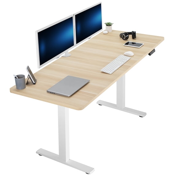 VIVO Electric 71” x 30” Stand Up Desk, Light Wood Table Top, White Frame