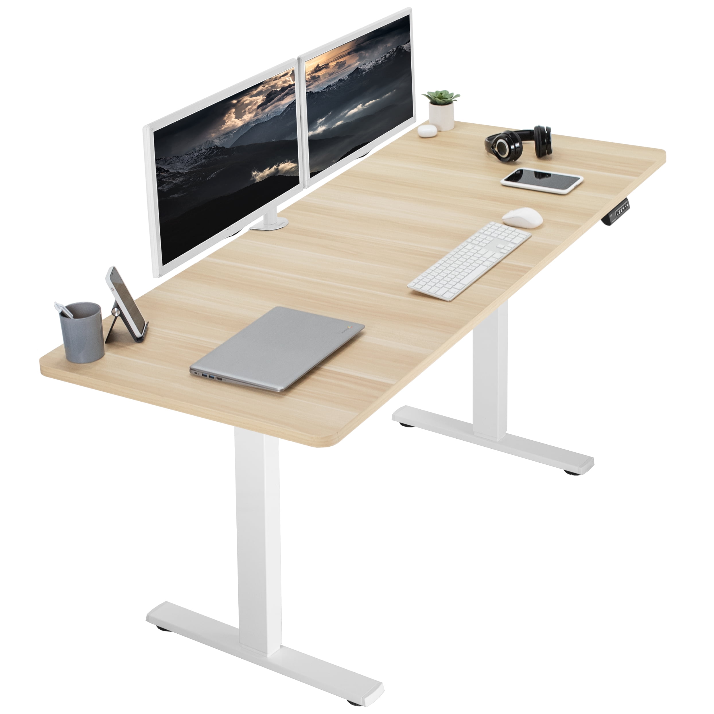 Light Wood & White Electric Adjustable Standing Desk 71"