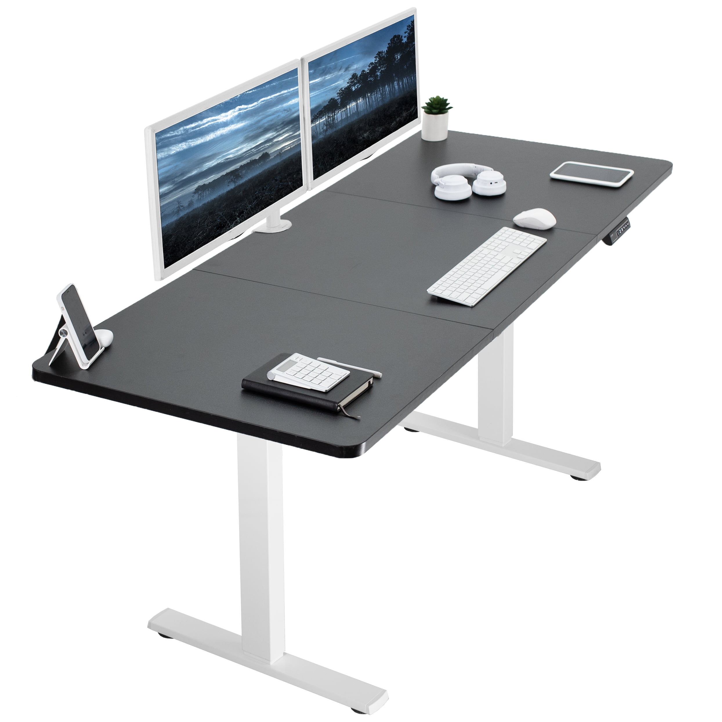 White and Black Adjustable Height Electric Standing Desk with Wood Top