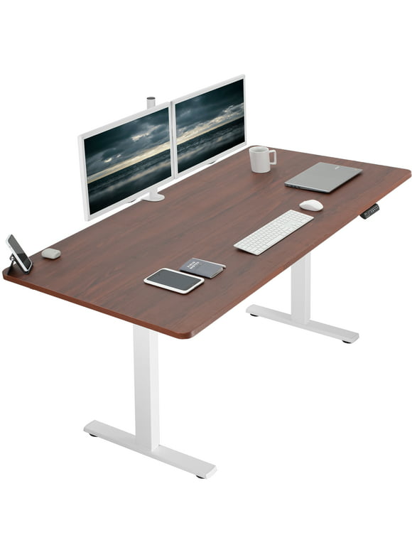 VIVO Electric 71” x 36” Stand Up Desk, Dark Walnut Table Top, White Frame