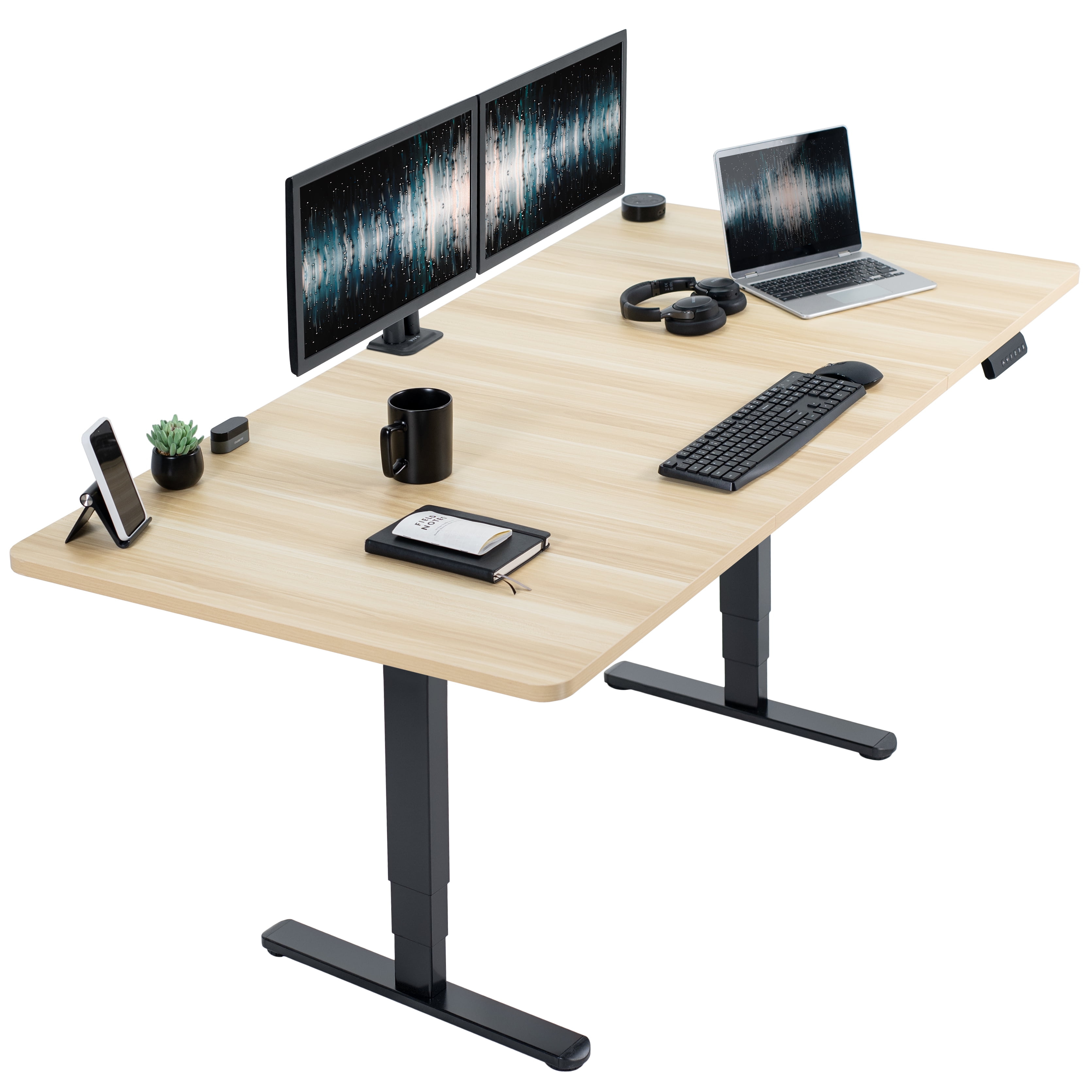71" Light Wood and Black Adjustable Standing Desk with Electric Height Adjustment