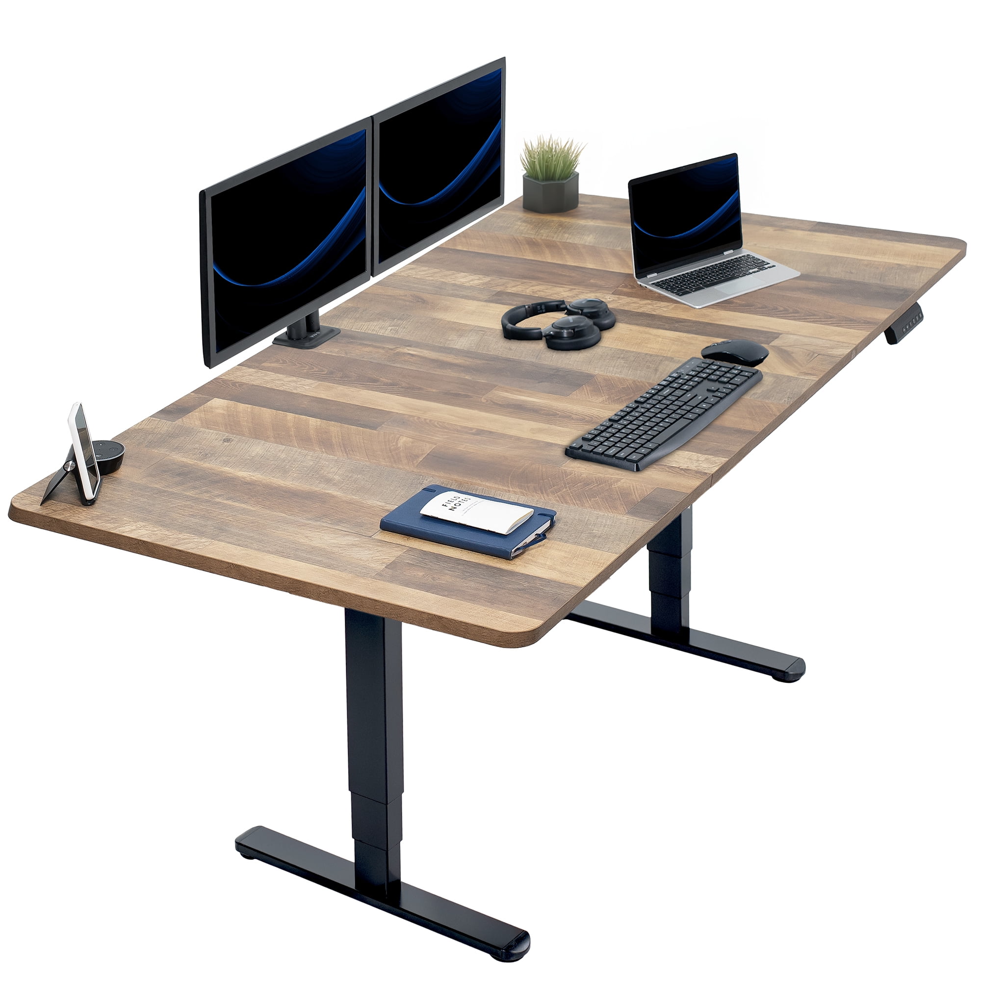 Vintage Brown Adjustable Height Electric Standing Desk with Black Frame