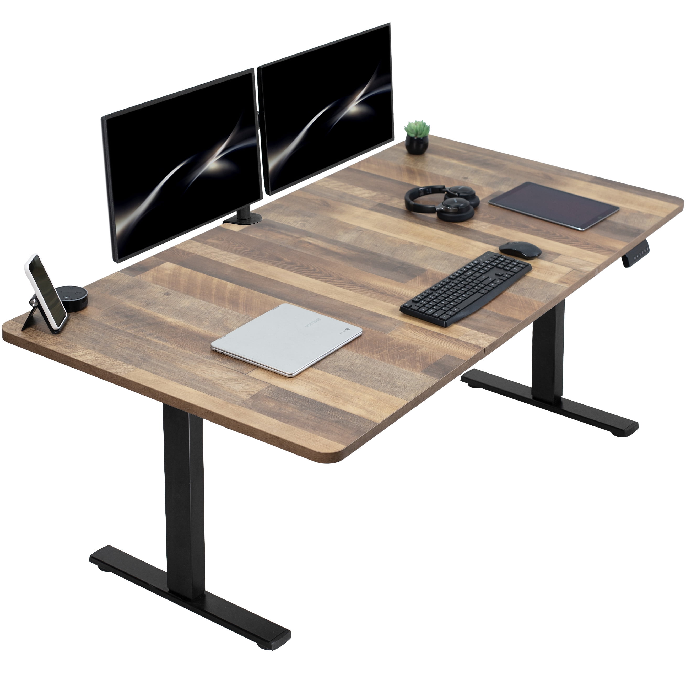 Vintage Brown Adjustable Height Electric Standing Desk with Black Frame