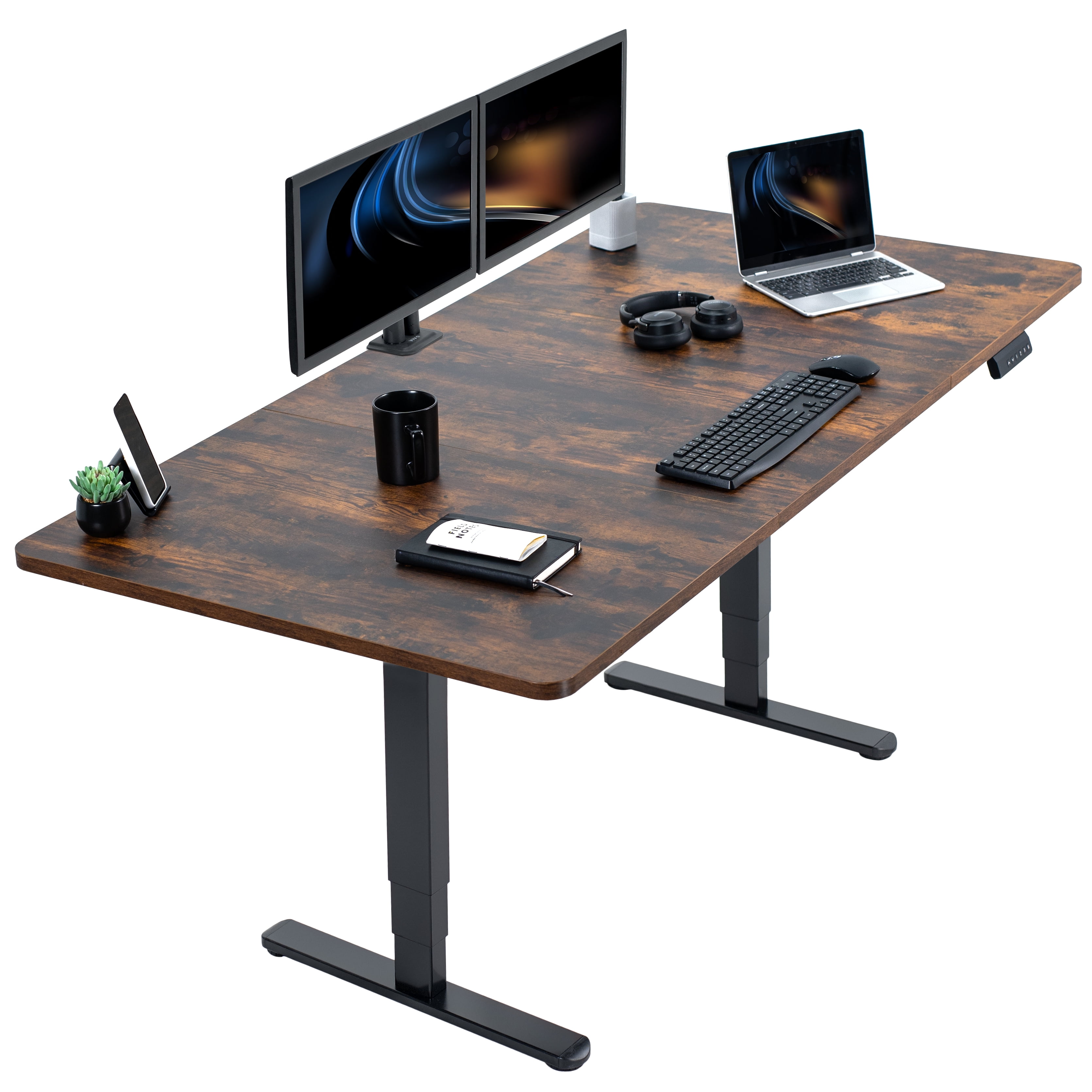 Vintage Brown Adjustable Height Electric Standing Desk with Black Frame