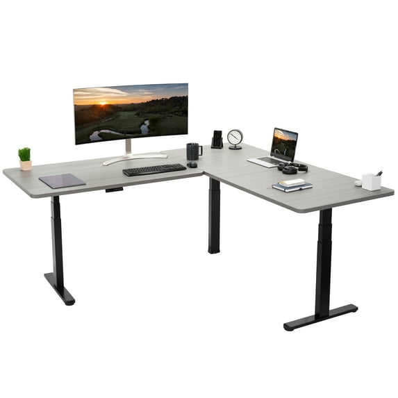 VIVO Electric 77" x 71" Corner Desk, Dark Gray Table Tops, Black Frame