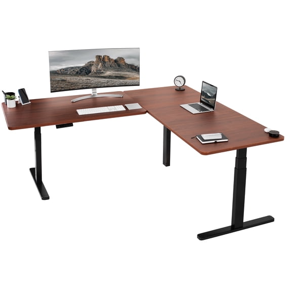 VIVO Electric 77" x 71" Corner Desk, Dark Walnut Table Tops, Black Frame