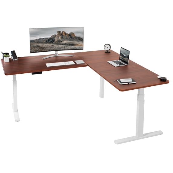 VIVO Electric 77" x 71" Corner Desk, Dark Walnut Table Tops, White Frame
