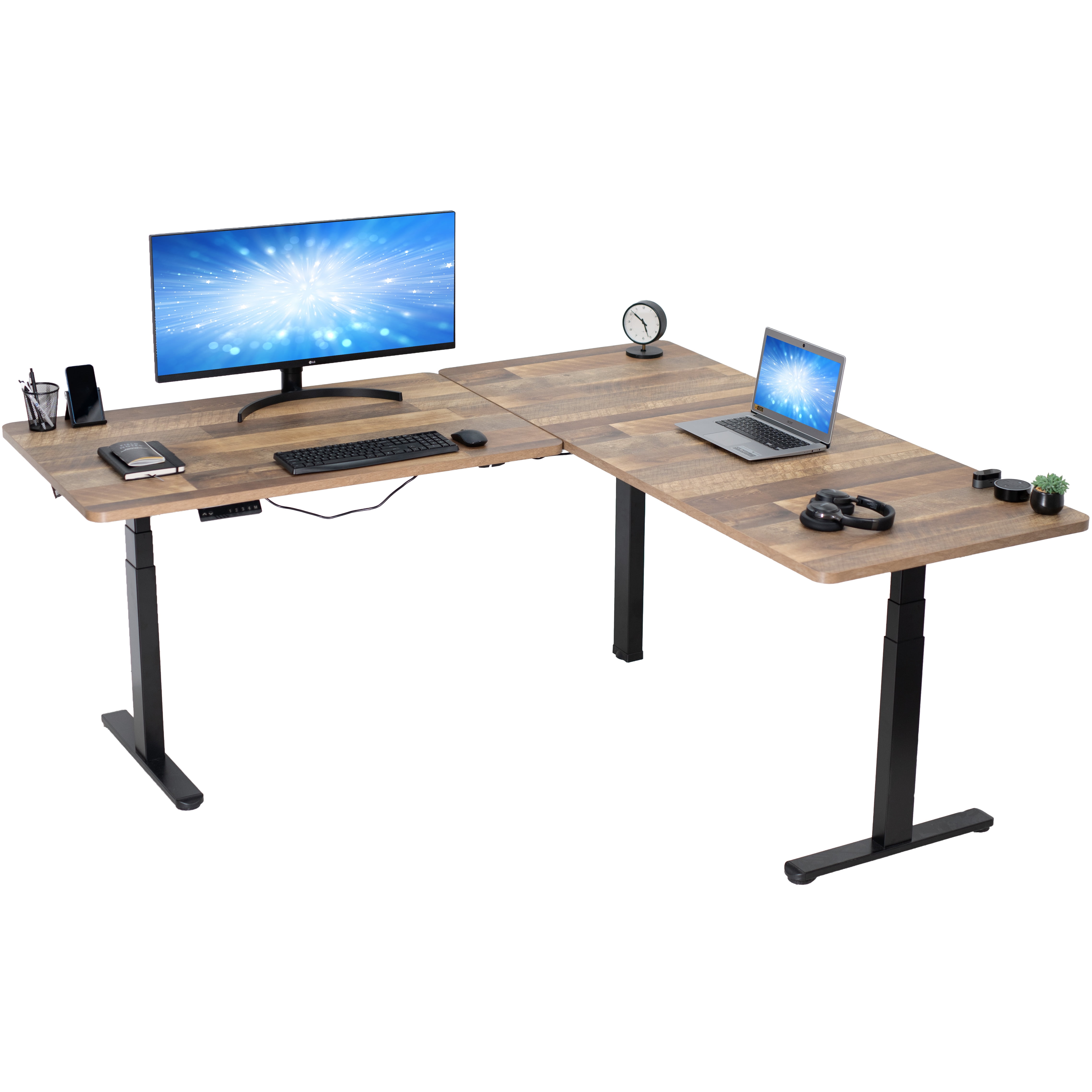 Vintage Brown and Black Adjustable Height L-Shaped Computer Desk